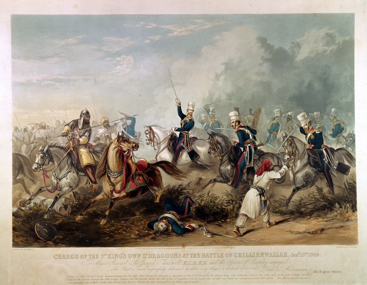Charge des Dragons Légers du Roi à la Bataille de Chillianwala le 13 janvier 1849, gravé par J. Harris, 1849 (aquatinte colorée) - Henry Martens