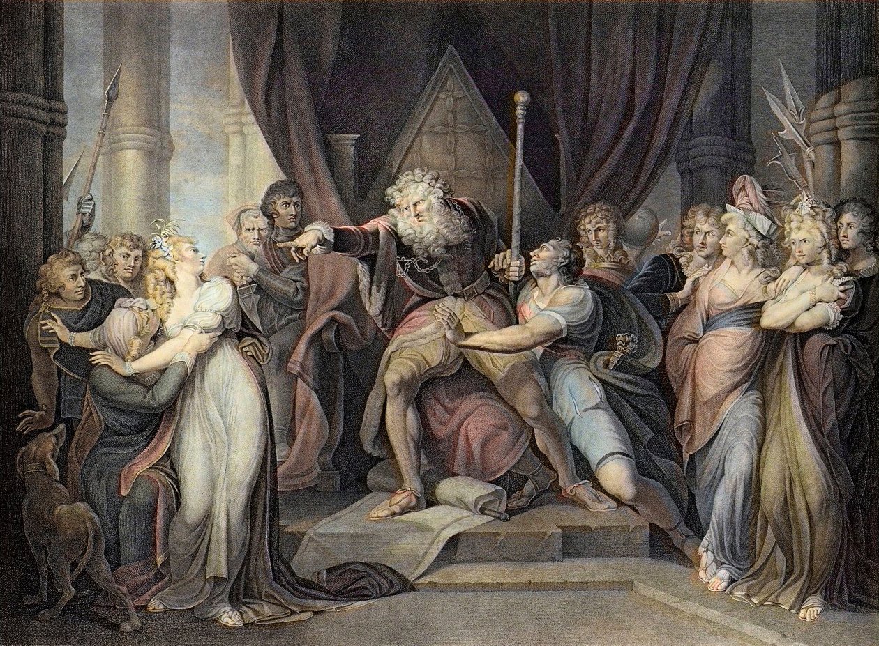 Shakespeare - Le Roi Lear - Acte I Scène I. - Le Roi Lear chassant sa fille Cordelia - gravure d