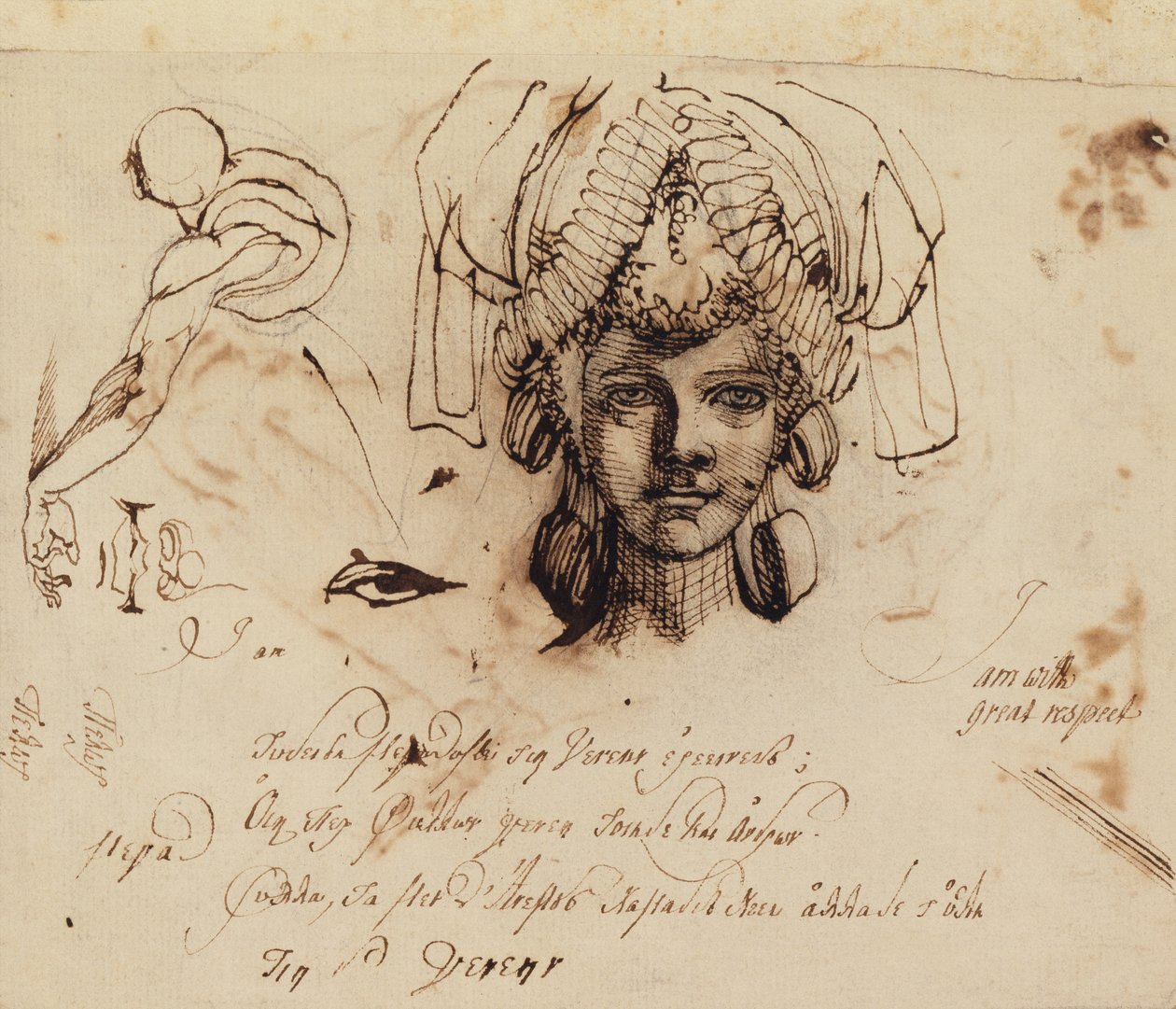 Mme Fuseli portant une coiffe élaborée et études d