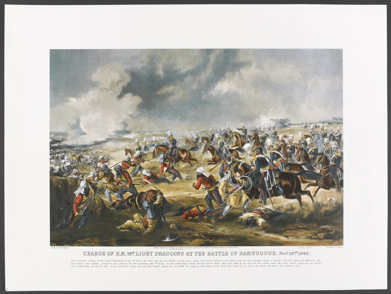 Charge des 14e dragons légers de S.M. à la bataille de Ramnuggur, 22 novembre 1848, gravée par J. Harris - Henry (after) Martens