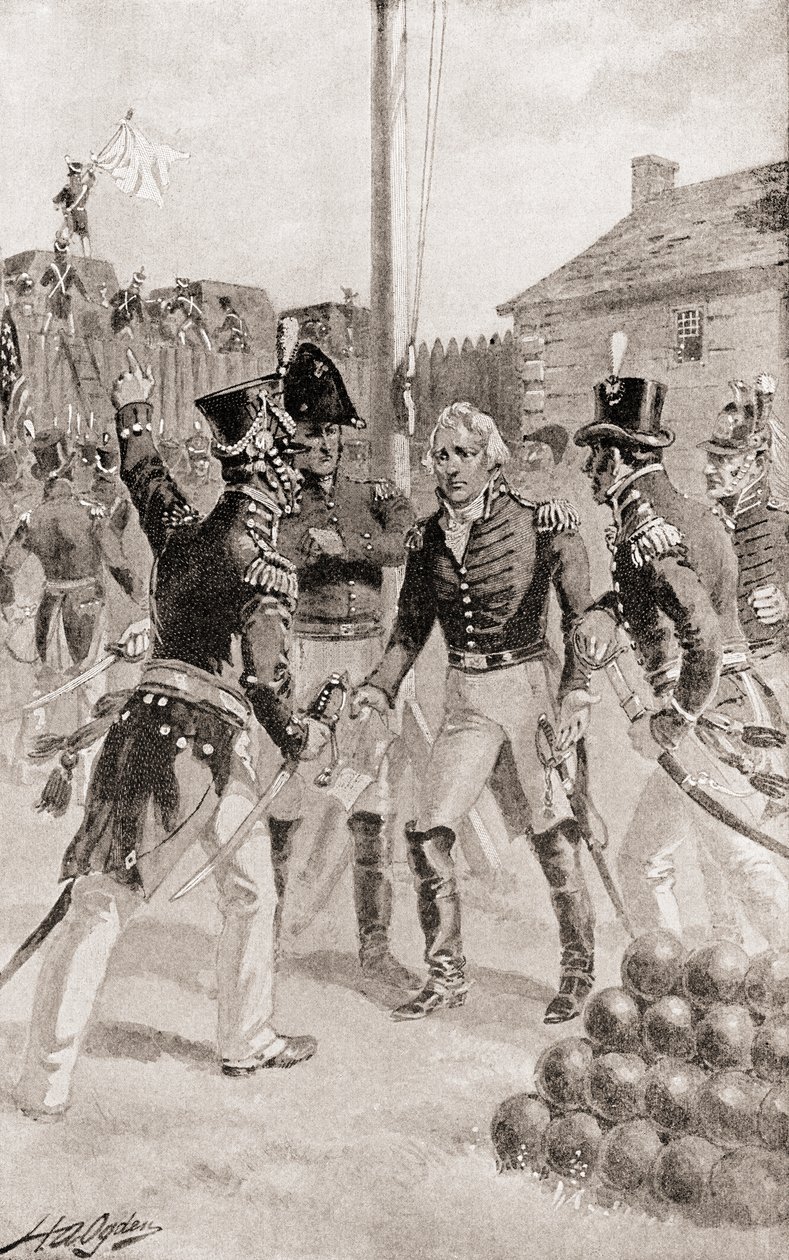 Le brigadier général William Hull se rend au fort et à la ville de Detroit, Michigan, Amérique pendant le siège de Detroit, tiré de L