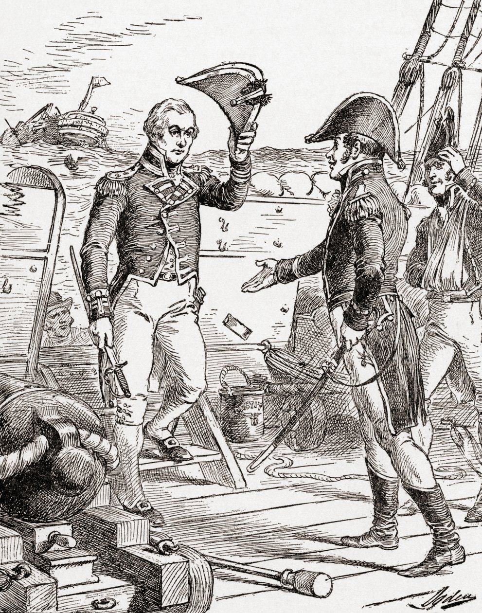 Le capitaine Dacres du HMS Guerriere se rend et offre son épée au capitaine Hull à bord de l