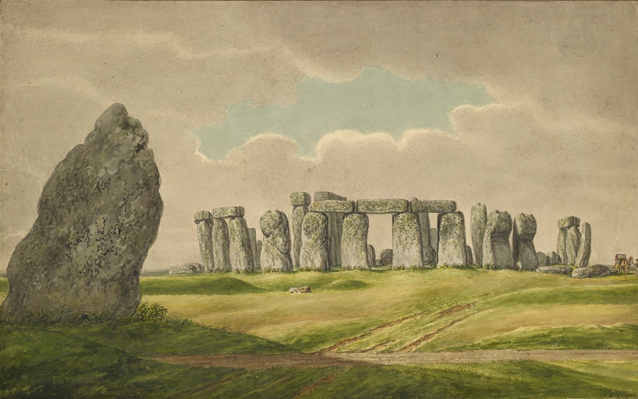 Stonehenge du N.E., montrant des ruines et la pierre de talon avec chariot, cheval, personne, 1824-1839 - Henry Browne