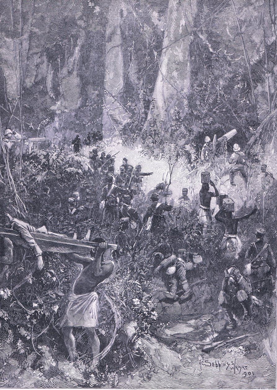 La guerre Ashanti 1900 : Un combat dans la forêt, illustration de l