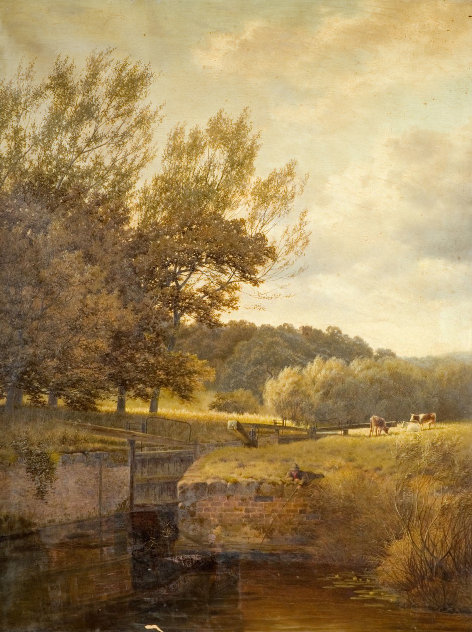 Paysage boisé avec garçon pêchant dans une écluse, 1931 - Henry Cheadle