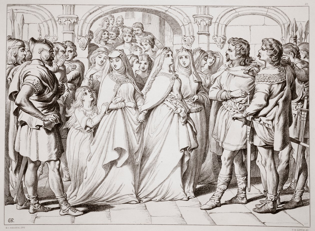 Alftruda reconnaît Hereward, illustration de Hereward the Great par Charles Kingsley, pub. 1870, gravé par C.G. Lewis - Henry Courtney Selous