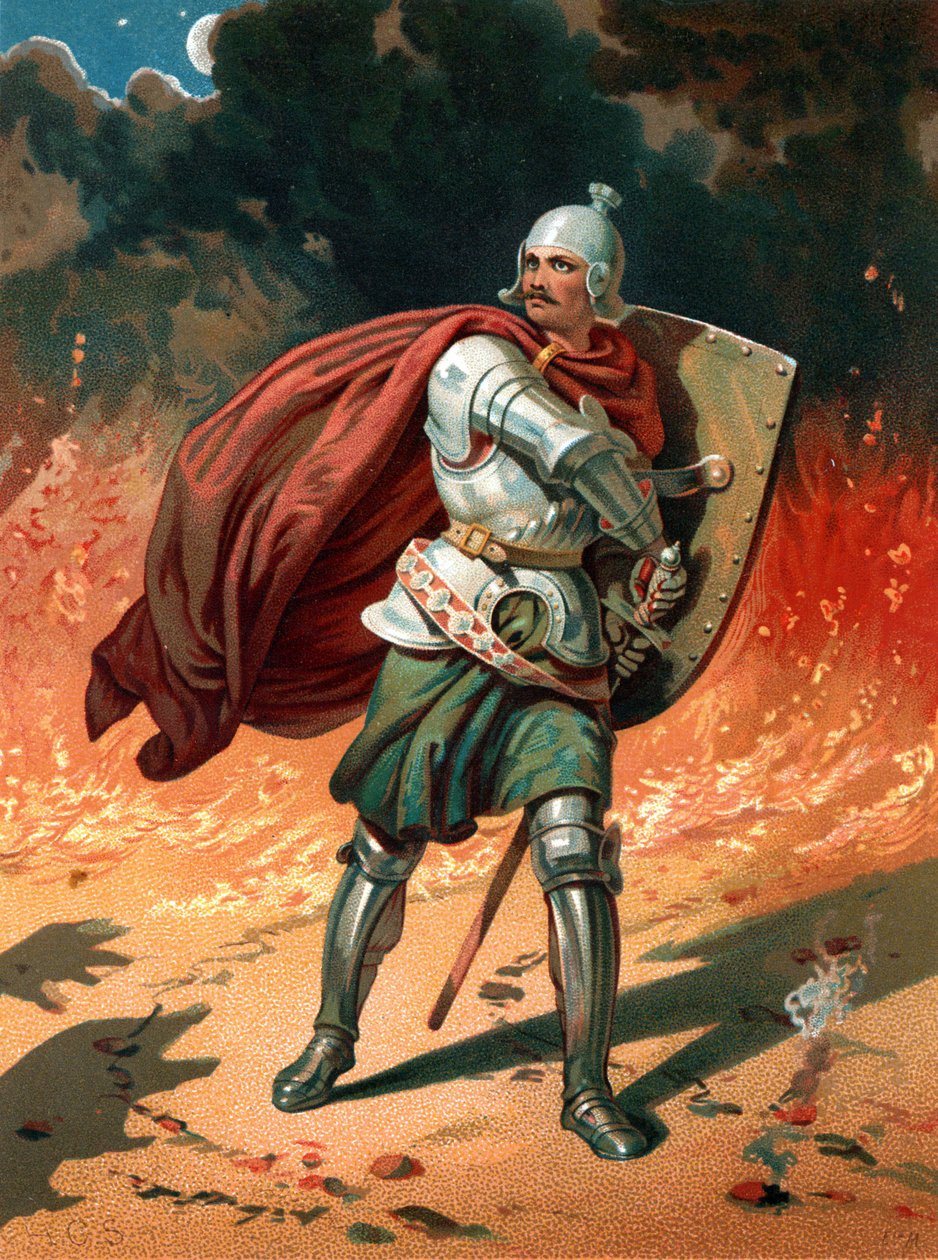 Christian, le pèlerin du titre, en combat avec Apollyon, le Destructeur, l