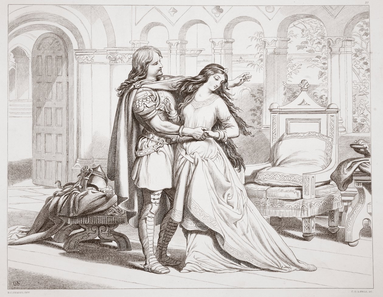 Première entrevue de Hereward avec Torfrida, illustration de Hereward the Great par Charles Kingsley, pub. 1870, gravé par C.G. Lewis (gravure sur acier) - Henry Courtney Selous