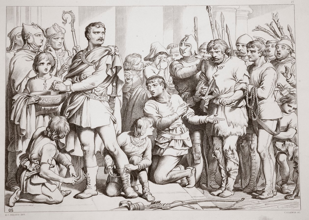 Comment Hereward joua le potier et trompa le roi, illustration de Hereward the Great par Charles Kingsley, pub. 1870, gravé par C.G. Lewis - Henry Courtney Selous
