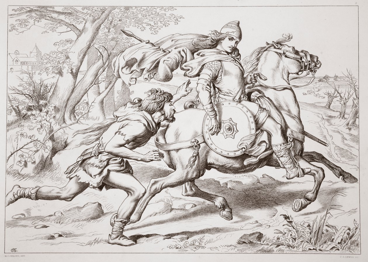 Comment Martin Lightfoot rattrape Hereward, illustration de Hereward the Great par Charles Kingsley, pub. 1870, gravée par C.G. Lewis - Henry Courtney Selous