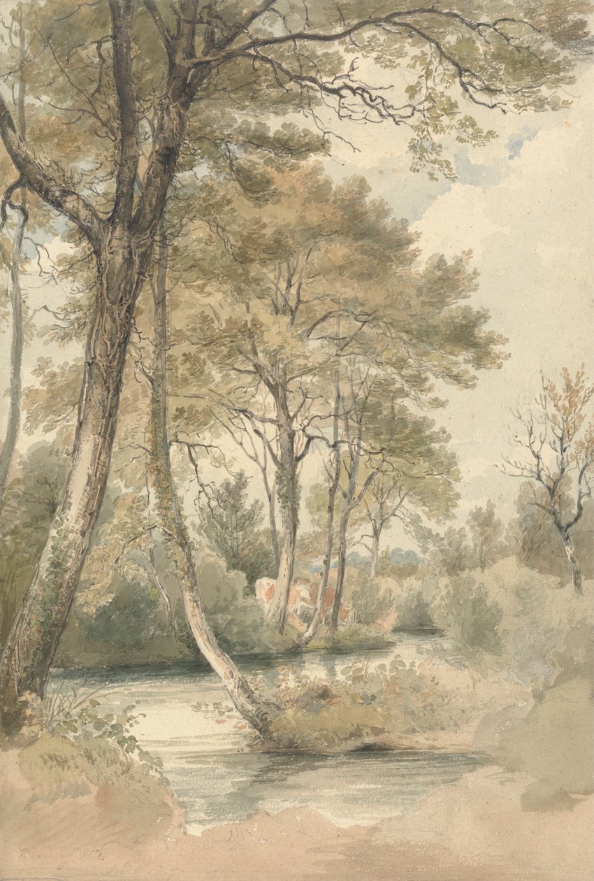 Ruisseau avec arbres et bétail près de Bromley Hill, Kent - Henry Edridge