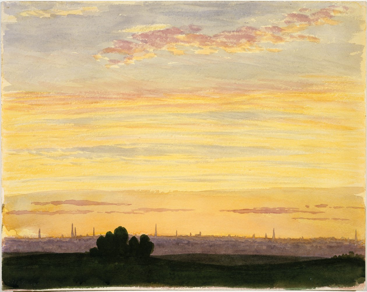 Ville et coucher de soleil (aquarelle) - Henry Farrer