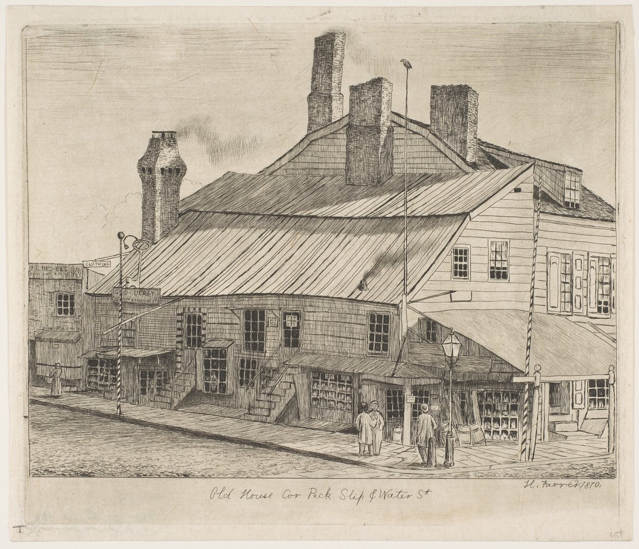 Vieille maison, angle de Peck Slip et Water Street, tiré de « Scènes du vieux New York » - Henry Farrer