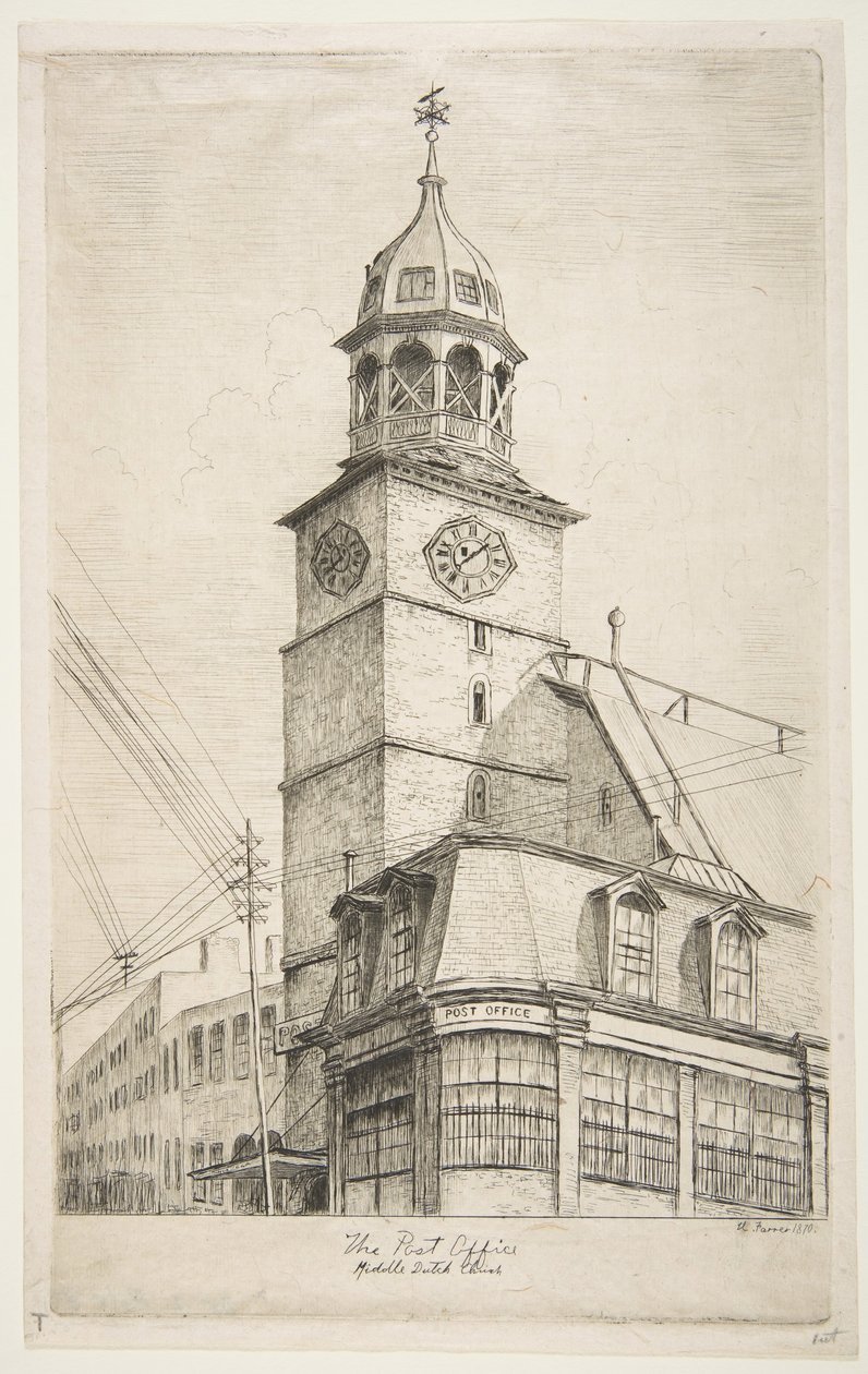 Le Bureau de poste, Église néerlandaise moyenne de Scènes du vieux New York - Henry Farrer