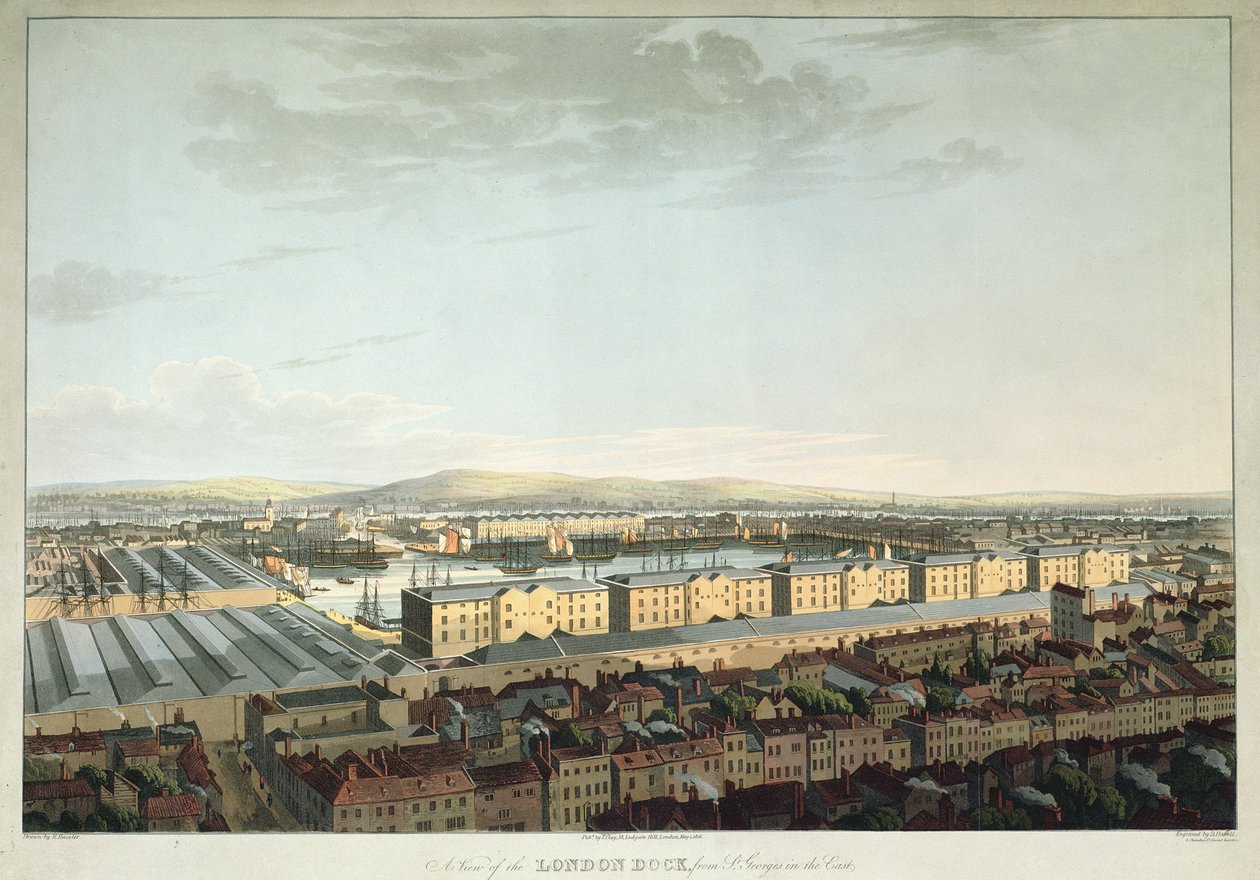 Vue des docks de Londres depuis St. Georges-in-the-East, gravée par Daniel Havell, pub. par T. Clay, 1816 (aquatinte) - Henry Haseler