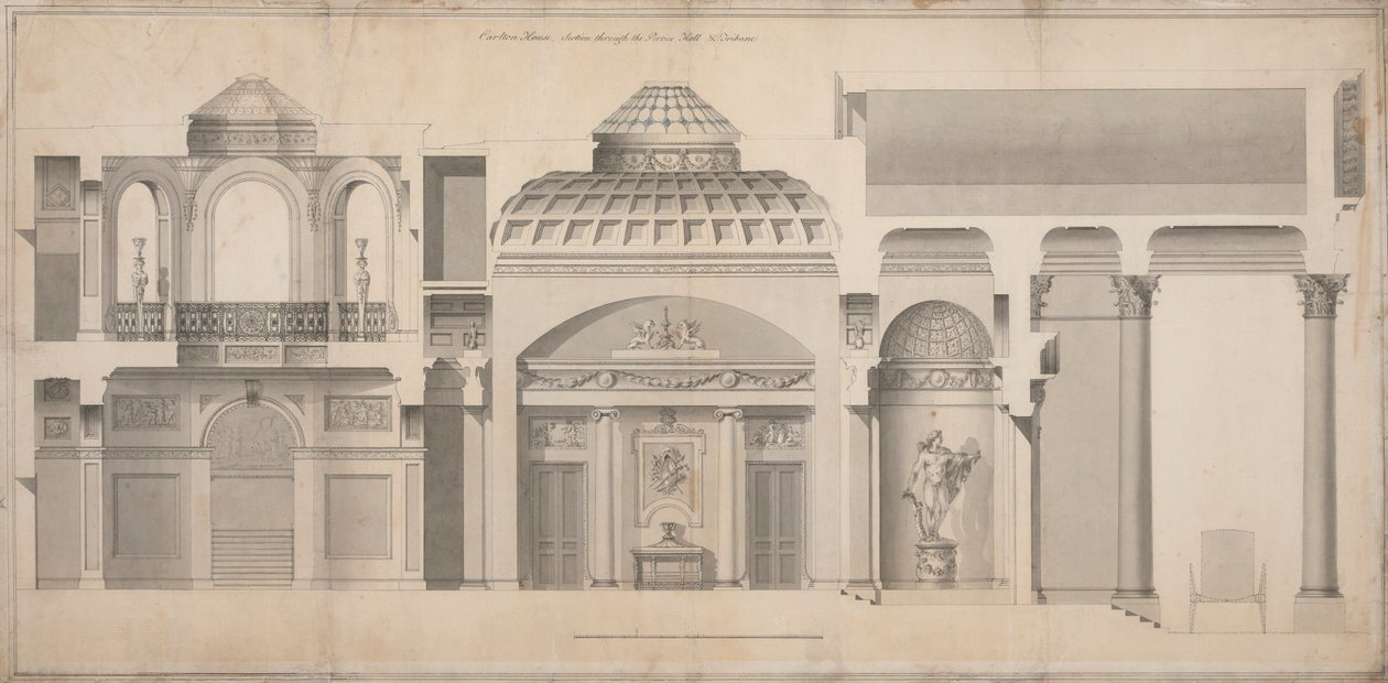 Carlton House, Pall Mall, Londres : Section du portique, hall et tribune - Henry Holland