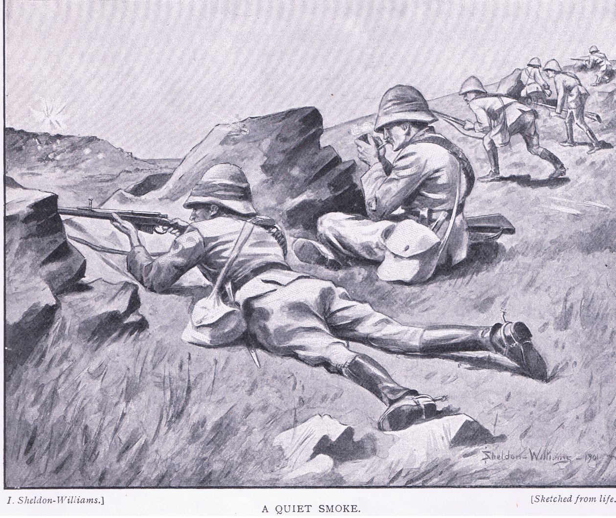 Une fumée tranquille, de Après Pretoria : La Guerre des guérillas publiée par Harmsworth Bros Limited - Henry Inglis Jodrel Sheldon-Williams