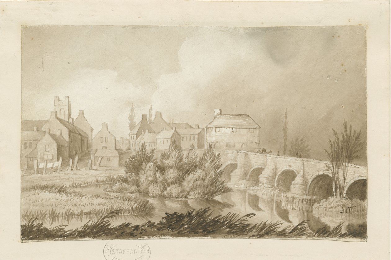 Pont et ville de Burton-upon-Trent : dessin sépia - Henry James Noyes