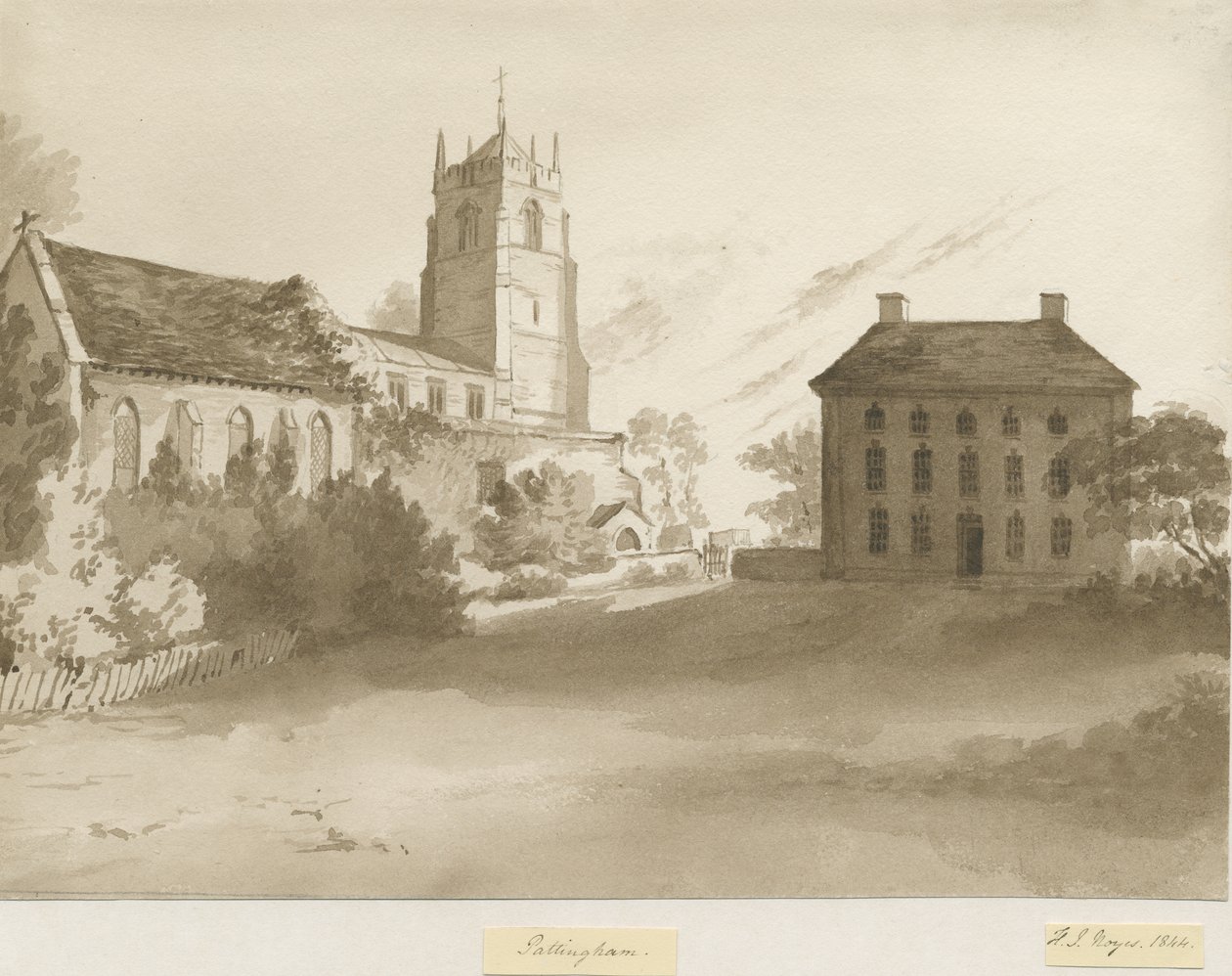 Église de Pattingham et Presbytère : dessin au lavis sépia, 1844 - Henry James Noyes
