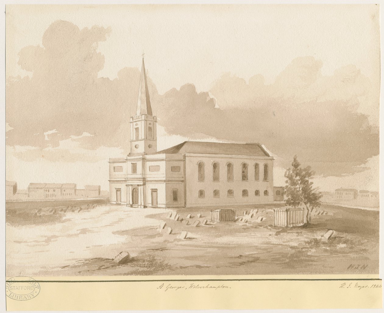 Wolverhampton - Église Saint-Georges : dessin au lavis sépia, 1844 - Henry James Noyes