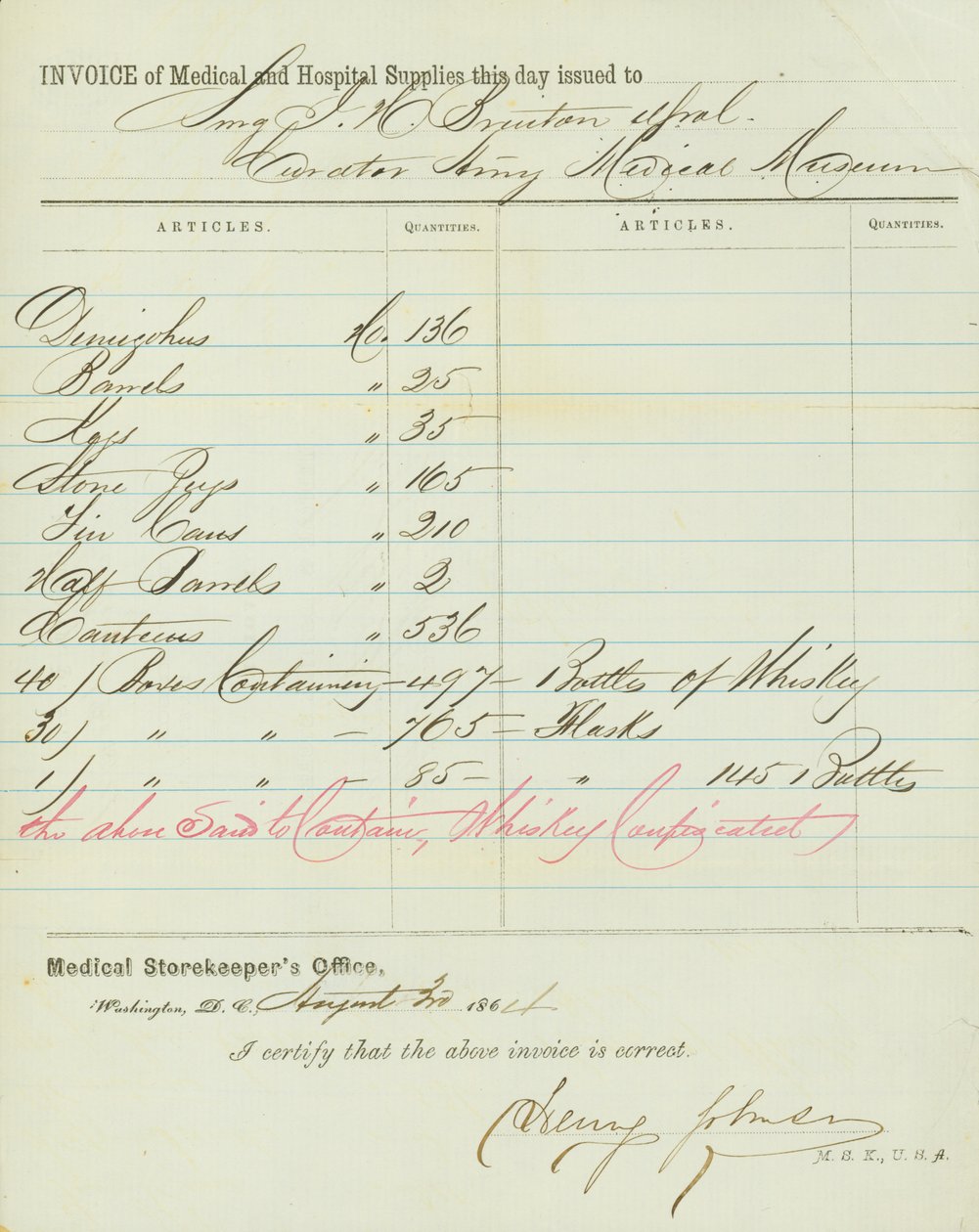 Facture de fournitures médicales et hospitalières, signée Henry Johnson, 30 août 1864 - Henry Johnson