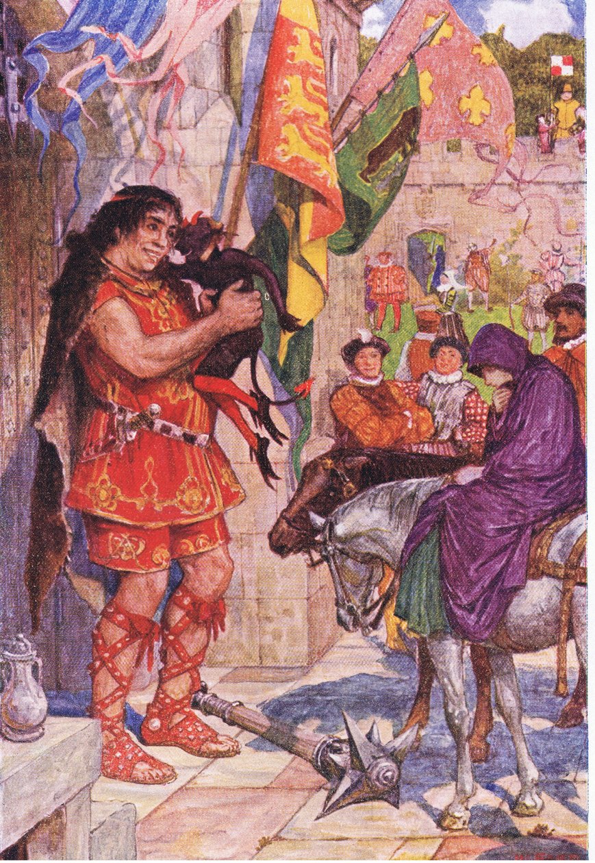 Flibbertibbet déguisé en diable apaise le géant lorsque Wayland amène Amy au château de Kenilworth, illustration de Kenilworth, c.1910 - Henry Justice Ford