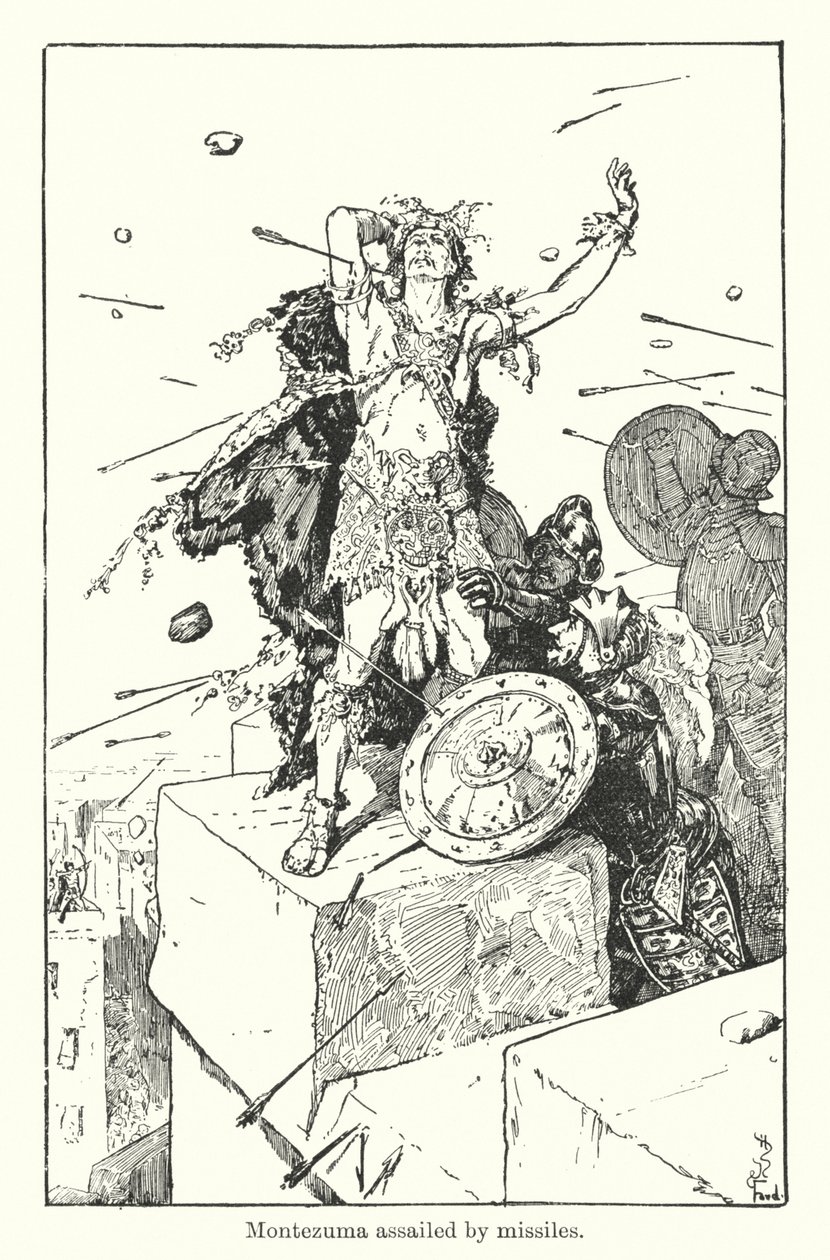 Montezuma assailli par des missiles (gravure) - Henry Justice Ford