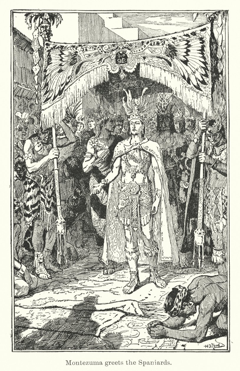 Montezuma salue les Espagnols (gravure) - Henry Justice Ford
