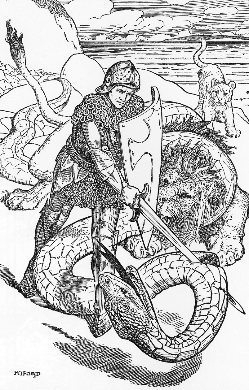 Perceval combattant le serpent Illustration par HJ Ford (1860-1940) de « Le livre de la romance » 1902 Collection privée - Henry Justice Ford