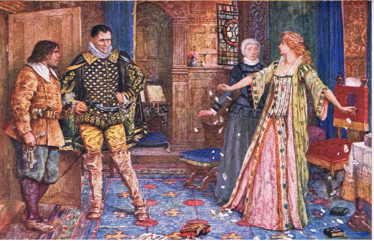 La comtesse de Leicester déchire la lettre de son mari en présence de Varney et Foster, illustration de Kenilworth, c.1910 - Henry Justice Ford