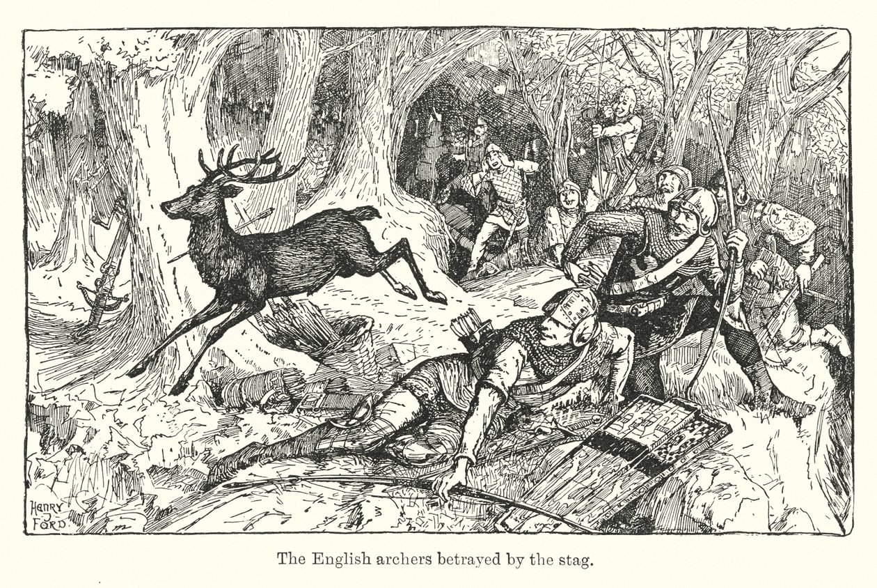 Les archers anglais trahis par le cerf (litho) - Henry Justice Ford
