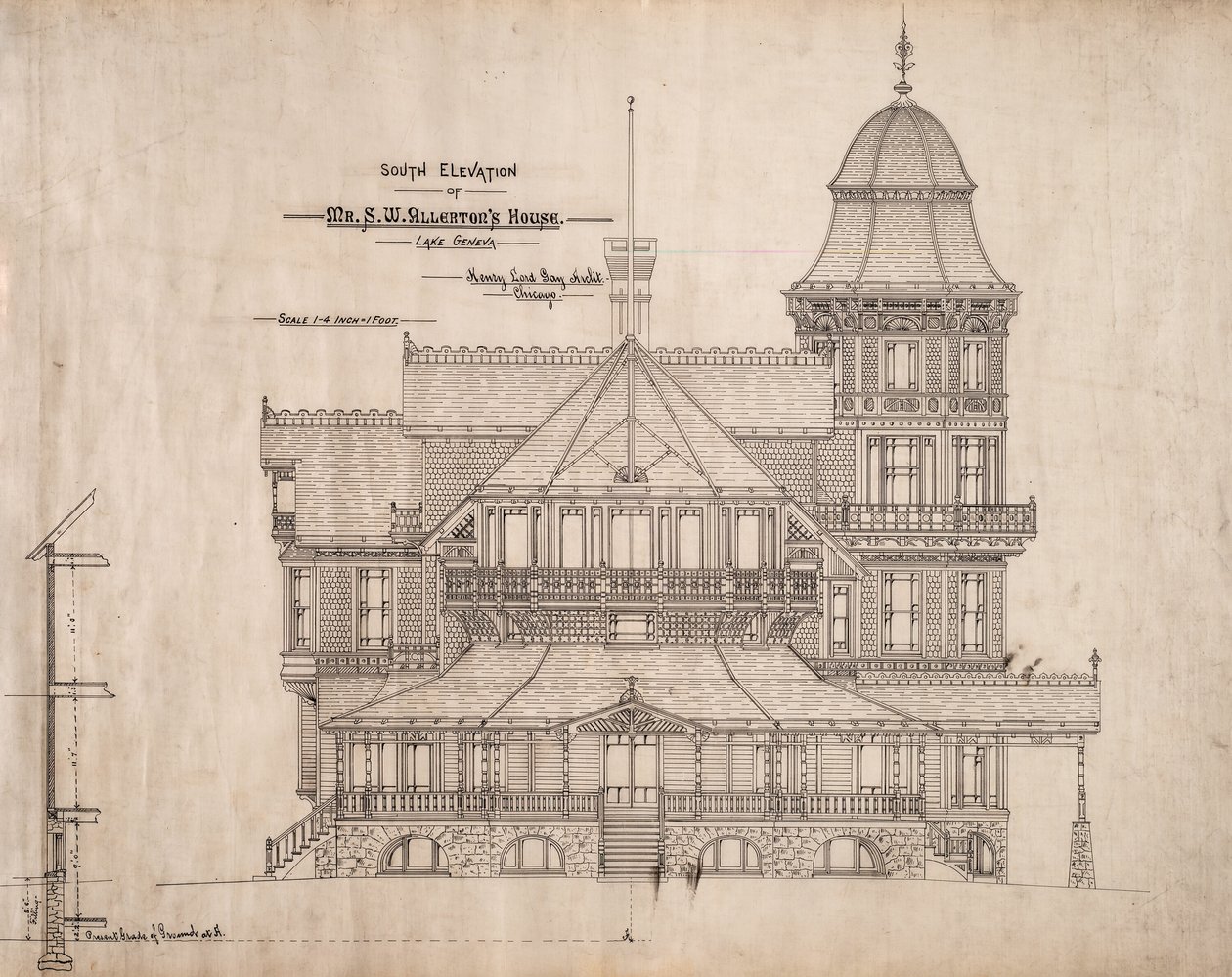 Maison pour M. S.W. Allerton, Lac Genève, Wisconsin : Élévation sud - Henry Lord Gay