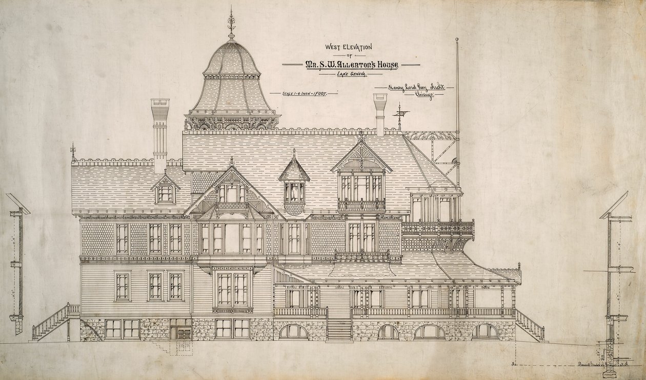 Maison pour M. S.W. Allerton, Lac Genève, Wisconsin : Élévation ouest - Henry Lord Gay