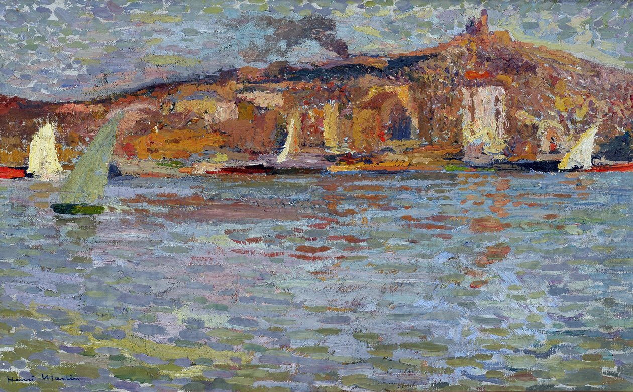 Le port de Marseille, le vieux port et la « Bonne Mère » (Cathédrale Notre-Dame de la Garde). Peinture d