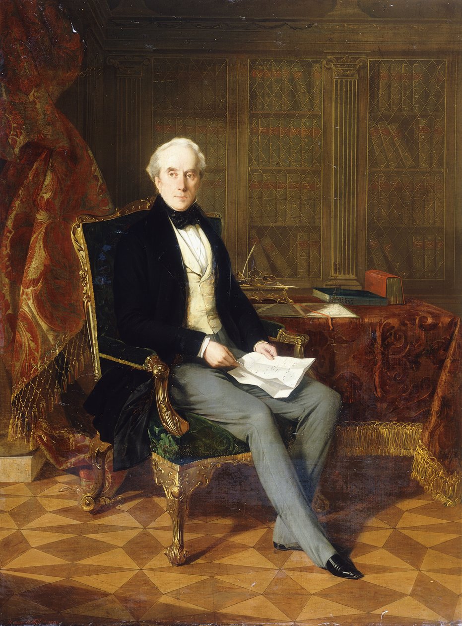 Portrait de Henry Pelham-Clinton, K.G., 4e duc de Newcastle, tenant un document, dans son étude, 1850 - Henry Nelson ONeil
