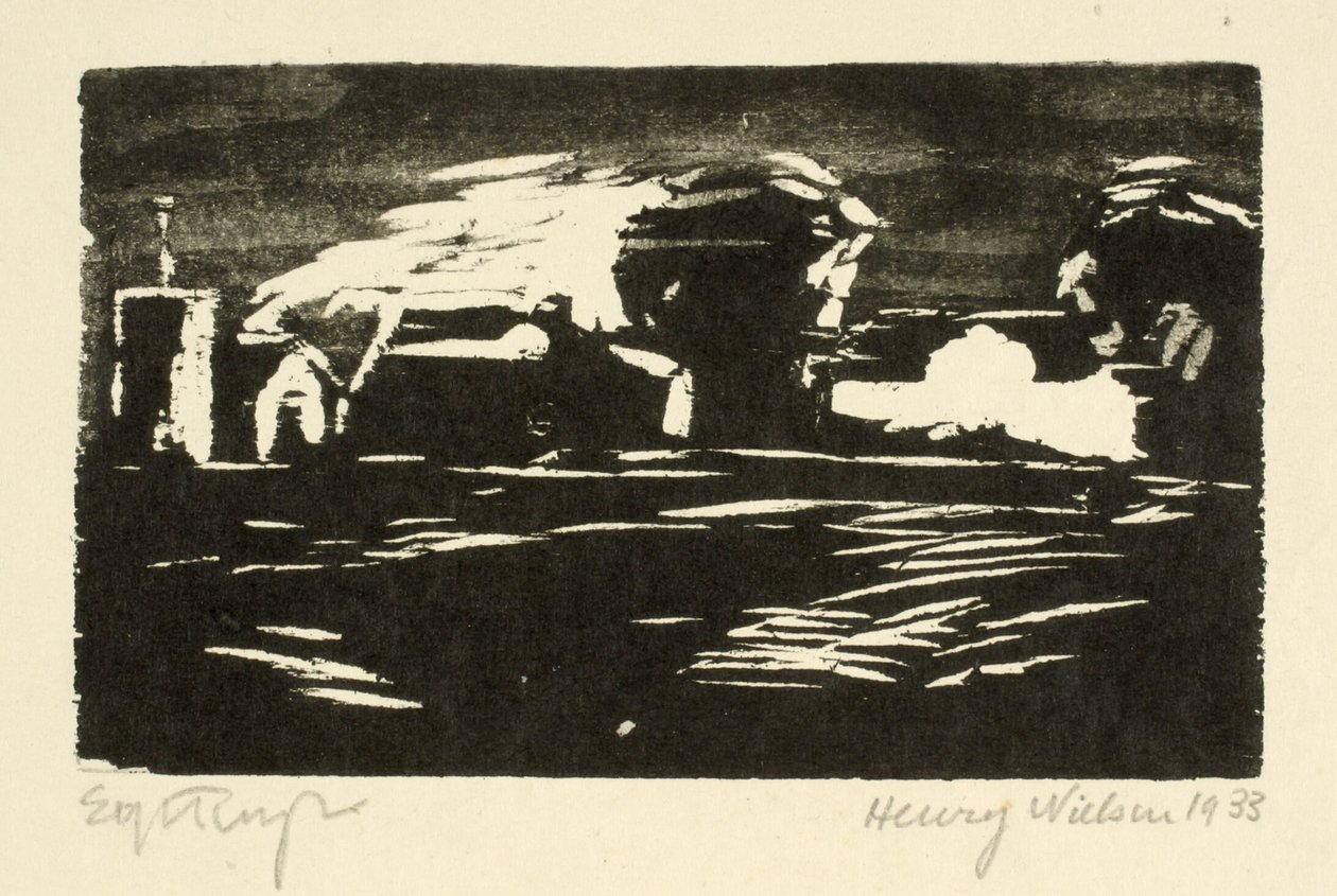 Paysage sombre avec arbres et maisons - Henry Nielsen