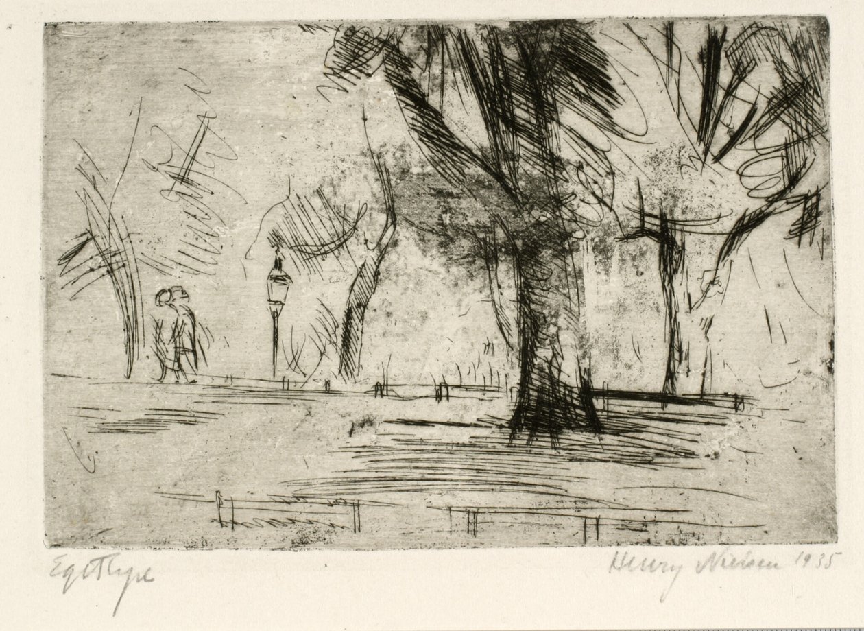 Parc avec deux promeneurs et une lanterne - Henry Nielsen