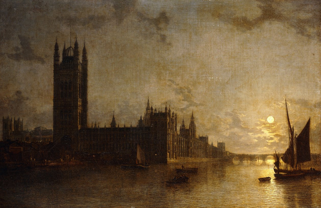 Abbaye de Westminster, Les Maisons du Parlement avec la Construction du Pont de Westminster, 1859 - Henry Pether