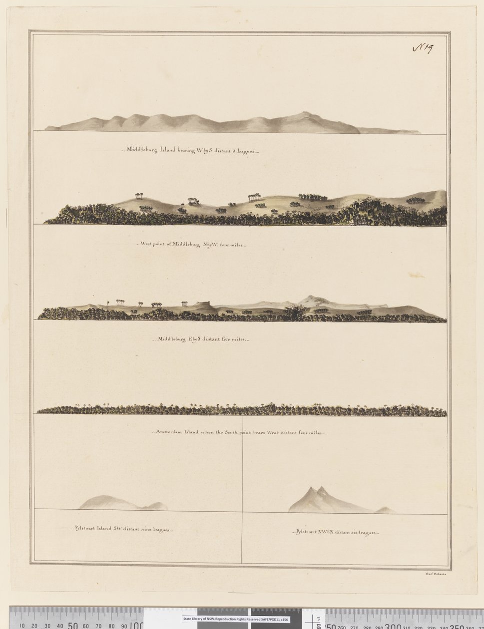 Page 19 (a) Île de Middleburg portant O par S distante de 3 lieues (b) Pointe ouest de Middleburg N par O quatre miles (c) Middleburg E par S distante de cinq miles (d) Île d