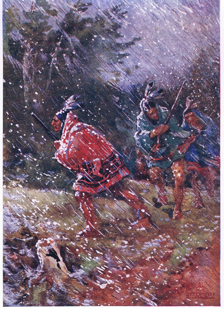 Indiens rouges chassant dans une tempête de neige - Henry Sandham