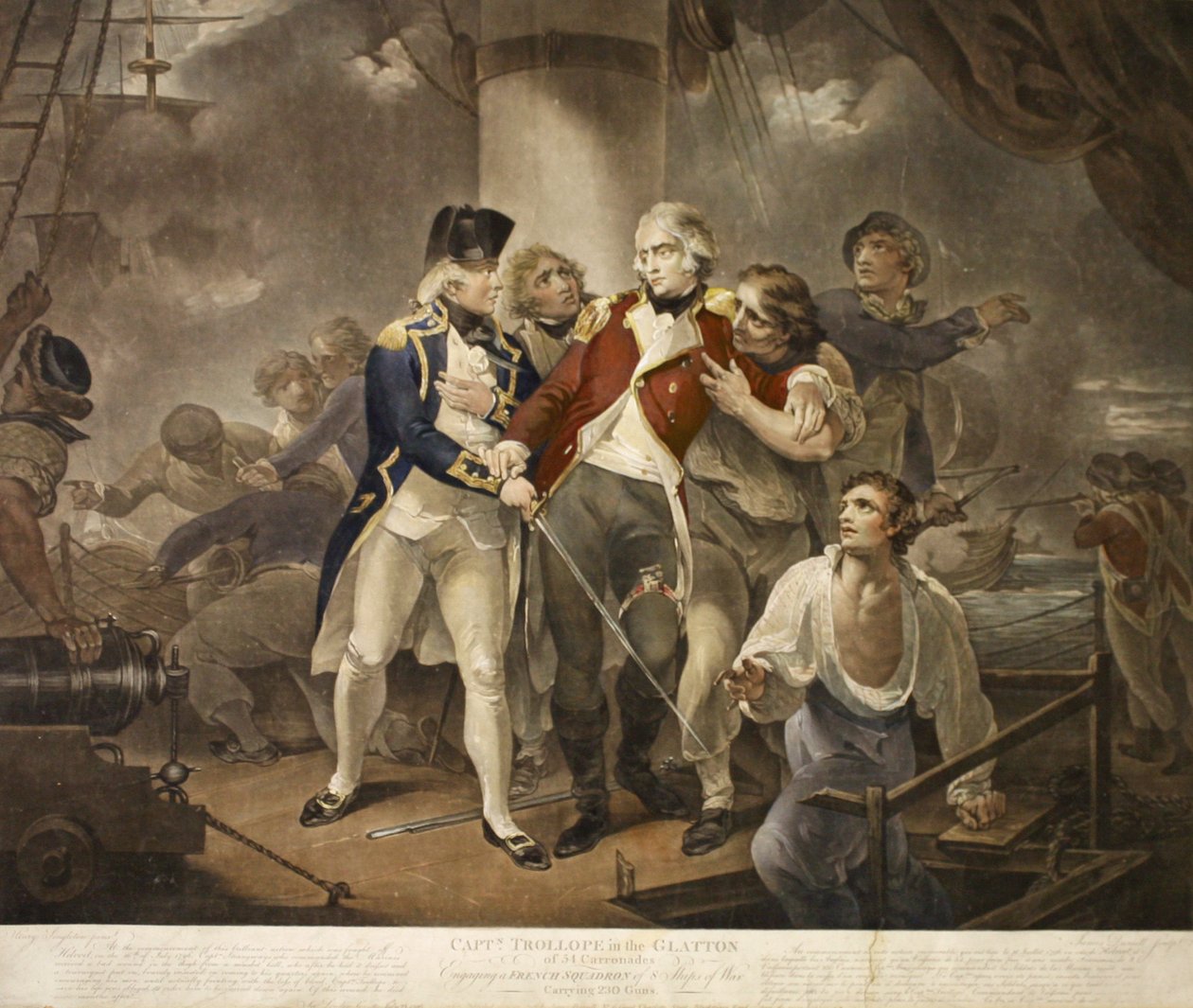 Capt. Trollope dans le Glatton de 54 caronades engageant une escadre française de 8 navires de guerre portant 230 canons, gravé par James Daniell, 1797 - Henry Singleton