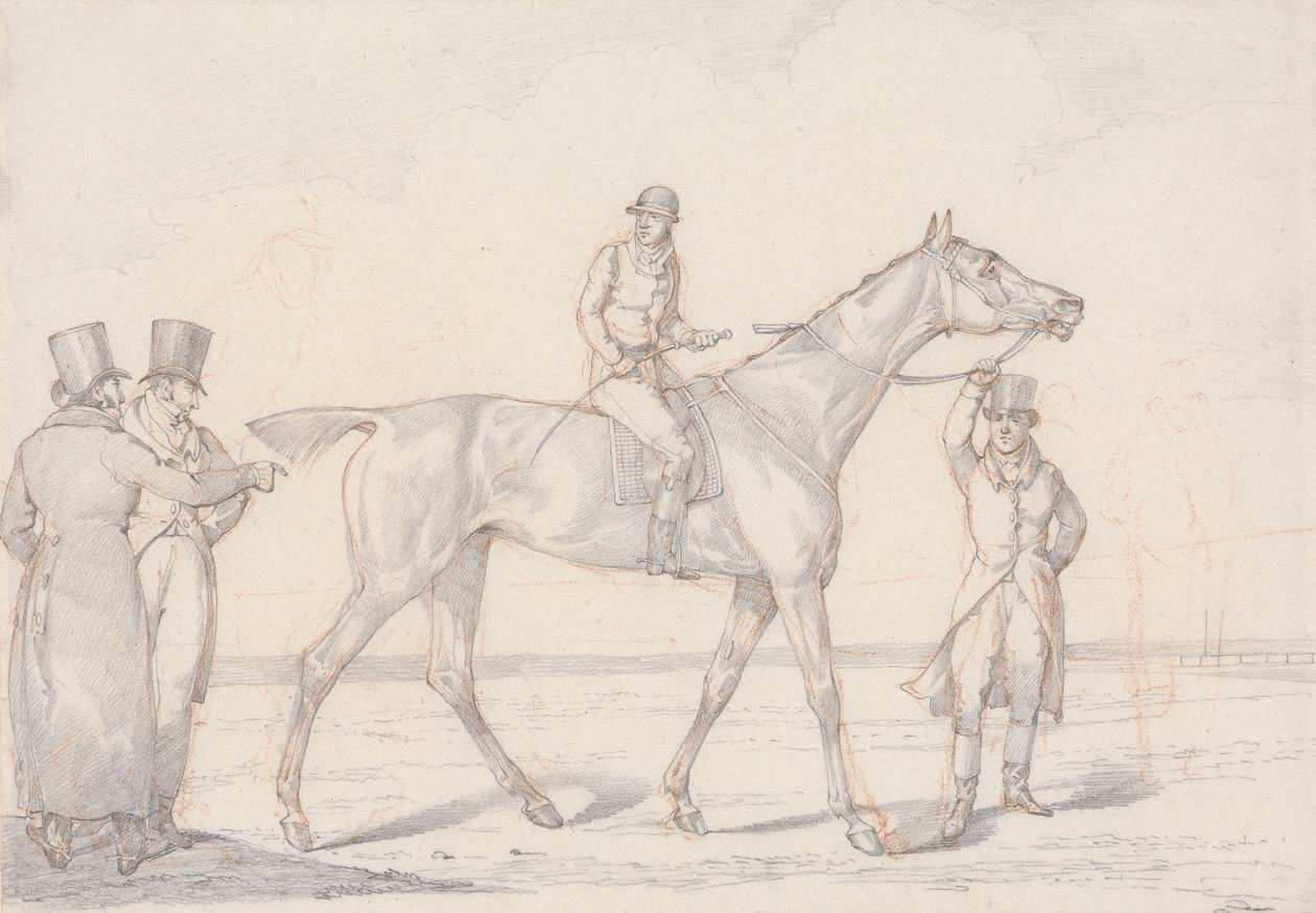 « Scraps », no 15 : cheval de course avec jockey en selle, deux hommes discutant du cheval - Henry Thomas Alken