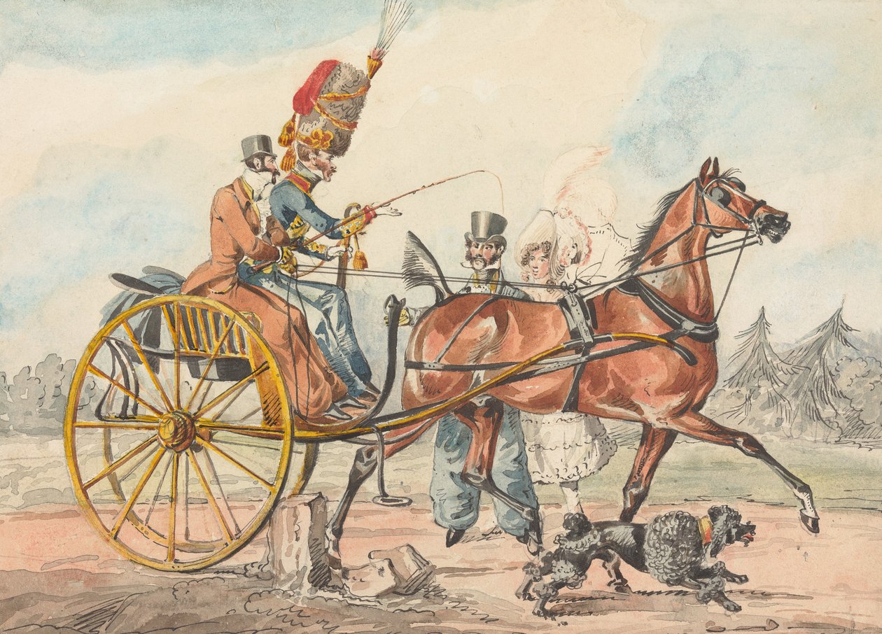 « Découvertes sportives, ou les misères de la conduite… » Vous vous rendez compte que vous avez négligé un petit poteau du côté de votre main qui tient le fouet - Henry Thomas Alken