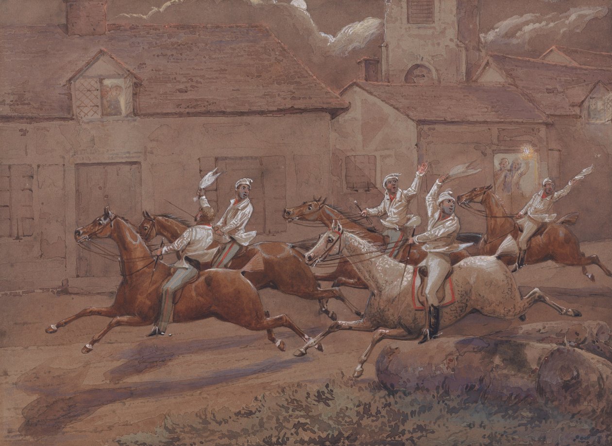 Les cavaliers nocturnes de Nacton : La fin. Église et village de Nacton - Henry Thomas Alken