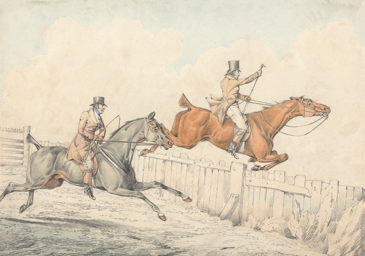 Deux cavaliers sautant une clôture en bois - Henry Thomas Alken