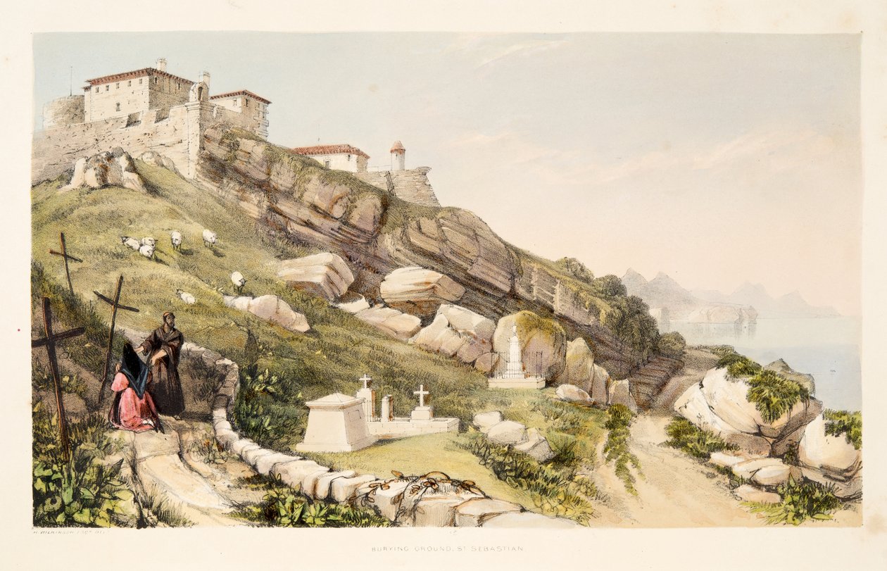 Lieu de sépulture des officiers britanniques sur la colline du château de Saint-Sébastien, tiré de Sketches of scenery in the Basque provinces of Spain, avec une sélection de musique nationale, pub. 1838 - Henry Wilkinson