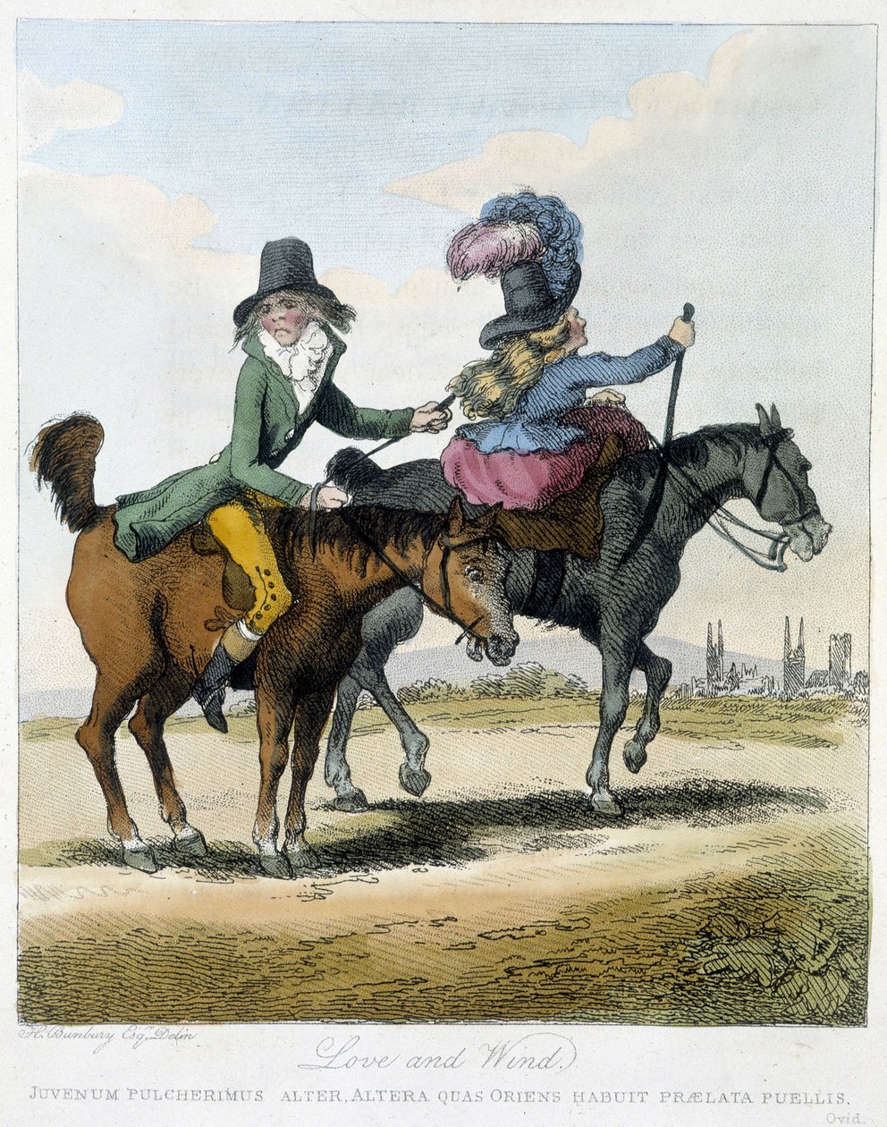 Amour et vent - dans "Caricatures anglaises sur les manières de monter à cheval", ill. par H. W. Bunbury, éd. John Stockdale - Henry William Bunbury