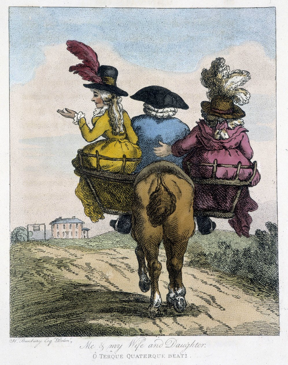 Moi avec ma femme et ma fille - dans "Caricatures anglaises sur les manières de monter à cheval", ill. par H. W. Bunbury, éd. John Stockdale - Henry William Bunbury