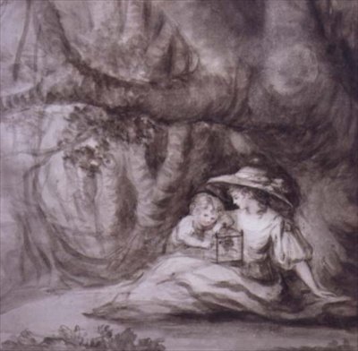 Femme assise et enfant avec un oiseau en cage - Henry William Bunbury
