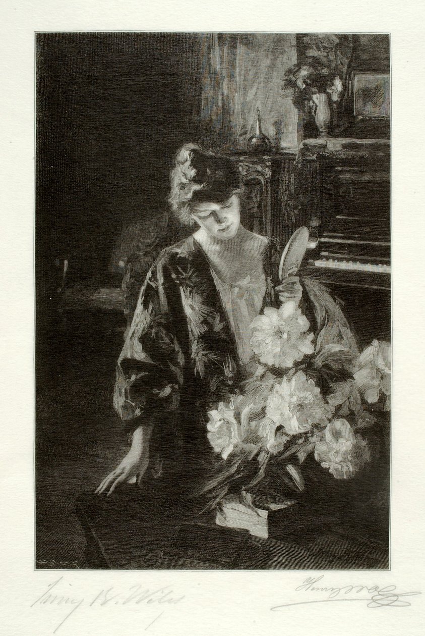Fille et pivoines (Le miroir à main) - Henry Wolf